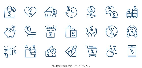 Hot Sale and Great Deals Icon Set: Discounts, Coupons, and Shopping Favorites. Features Piggy Banks, Price Drops, Promo Vouchers, and Gift Bags. Editable Linear Vector Icons for Retail, E-commerce