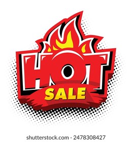 Hot sale icon. Label with flame in pop art style. Vector template on transparent background