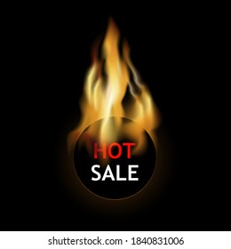 Hot sale label burning fire. Discount and price tag, badge sticker in fire, business shopping. Vector illustration, promotion flame poster