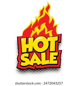 Hot sale. Label with flame in pop art style. Vector template on transparent background