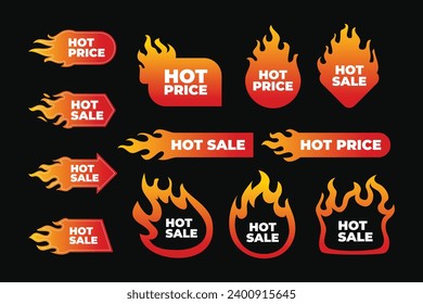 Colección de etiquetas de venta en caliente. Etiqueta de limpieza de la venta de incendios y llamas, promoción de precio caliente, etiqueta vectorial aislada para artículos con descuento, promoción minorista