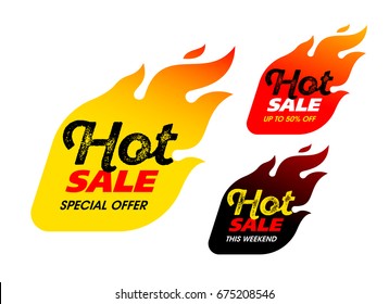 Hot Sale labels, stickers. This weekend special offer, big sale, discount up to 50% off. Vector illustration.