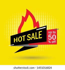 Hot sale modern banner, up to 50% off on yellow background. Vector illustration.