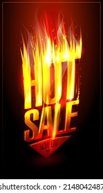 Hot sale now on, hot fiery sale vector banner design template with burning lettering