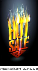 Hot sale now on, hot fiery sale vector banner design template with burning arrow move down