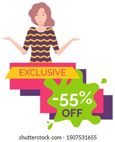Hot sale on products of premium quality. Good deal for people. Happy brunette girl offering. Best price with discount on sale store. Woman on black friday sale. White background vector illustration