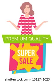 Hot sale on products of premium quality. Good deal for people. Happy brunette girl offering. Best price with discount on sale store. Woman on black friday sale. White background vector illustration