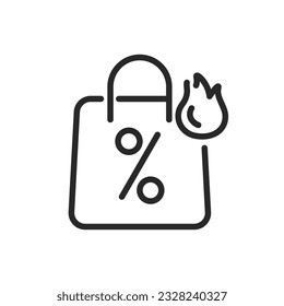Icono de empaquetado de venta en caliente. Ilustración vectorial de una bolsa de compras con pictograma de porcentaje y fuego, simbolizando grandes ofertas y descuentos.