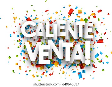 Hot sale paper background with color confetti, Spanish. Vector illustration.