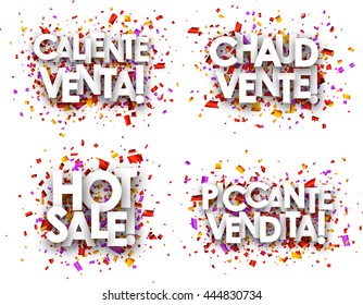 Hot sale paper backgrounds set, French, Spanish, Italian. Vector illustration.