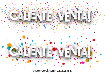 Hot sale paper banners with color drops, Spanish. Vector illustration.