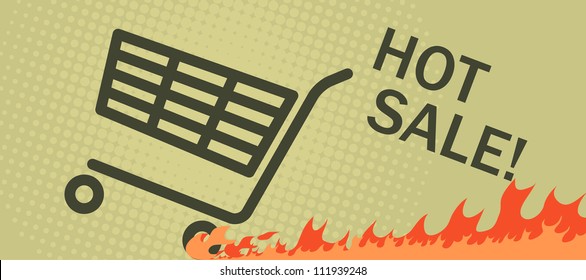Hot sale poster with a shopping cart leaving a burning track after it.