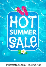 Hot Sale Poster Template! Sea Vacation. Summer Background. Ocean Waves,Slippers and Flower. Vector illustration