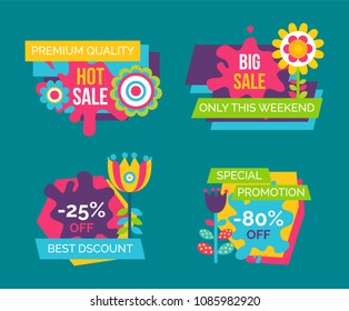 Hot sale premium quality promo labels set with abstract summer blossoms, springtime flowers with blooming buds springtime deal labels isolated on blue