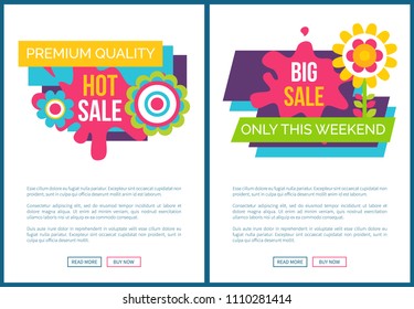 Hot sale premium quality promo stickers on online banners with abstract summer blossoms, springtime flowers blooming buds price off labels web posters set