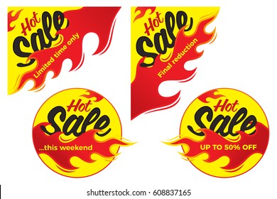 Hot sale price offer deal vector labels stickers. Corner form with flame. Vector illustration