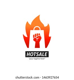 Hot sale hot promotion discount sale logo icon symbol with burning flame shopping bag and rising hand fist