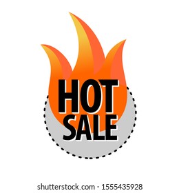 Hot sale round badge sticker with fire and text. Black, orange and gray colors shop offer tag.