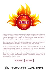 Hot sale round burning badge with best promo offer, fire flame and blazed circle. Vector label with heat sign isolated icon with text sample, push buttons
