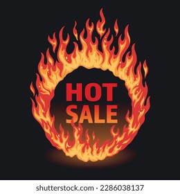 Hot sale round poster colorful with flame near announcement of cool discounts for purchase or cash back promo vector illustration