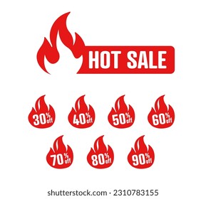 Hot sale, set of items. Red flat fire with text 30, 40, 50, 60, 70, 80, 90, percentages off. For advertising concepts summer sale, price reduction. Vector isolated graphics
