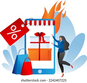 Hot sale at shop, advertising discount at store vector illustration. Low price for special offer, man woman people character shopping. Business promo