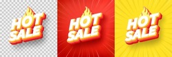 Hot Sale Shopping Poster Or Banner With Hot Fire Icon And 3D Text On Transparent,red And Yellow Background.Hot Sales Banner Template Design For Social Media And Website.Special Offer Hot Sale Campaign