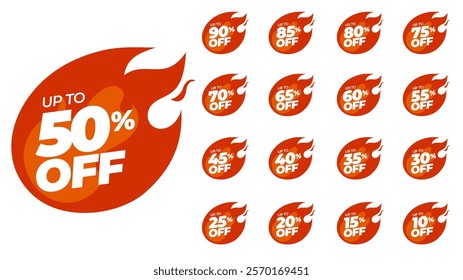 Hot Sale. Special offer discount on flame tags with different value percent off 90, 85, 80, 75, 70, 65, 60, 55, 50, 45, 40, 35, 30, 25, 20, 15, 10 percentage price reduction label. Sale offer emblem.