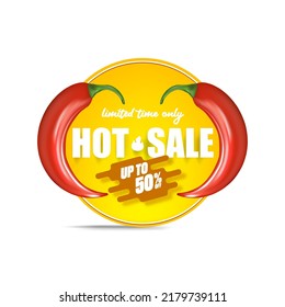 Hot sale sticker with red chili cayenne pepper isolated on white background. Vector Special hot offer orange vintage banner or label. Creative hot and spicy Sale sticker
