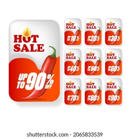 Hot sale sticker set with red chili cayenne pepper isolated on white background. Vector Special hot offer red banner or label collection. 50% Sale sticker or poster