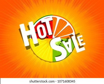 Hot sale. Summer poster for shops. Fruit, kiwi, watermelon, orange, pineapple. Seasonal offer