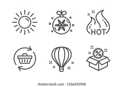 Hot sale, Sun and Air balloon icons simple set. Refresh cart, Christmas ball and Sale signs. Shopping flame, Summer. Holidays set. Line hot sale icon. Editable stroke. Vector