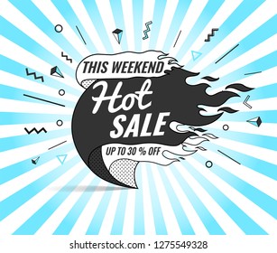 Hot sale, super, weekend special offer banner template in flat trendy memphis geometric style, retro 80s - 90s paper style poster, placard, web banner designs, vector illustration