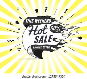 Hot sale, super, weekend special offer banner template in flat trendy memphis geometric style, retro 80s - 90s paper style poster, placard, web banner designs, vector illustration