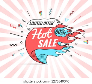 Hot sale, super, weekend special offer banner template in flat trendy memphis geometric style, retro 80s - 90s paper style poster, placard, web banner designs, vector illustration