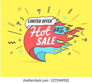 Hot sale, super, weekend special offer banner template in flat trendy memphis geometric style, retro 80s - 90s paper style poster, placard, web banner designs, vector illustration