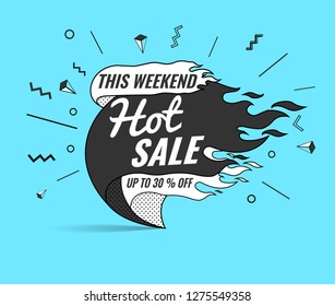 Hot sale, super, weekend special offer banner template in flat trendy memphis geometric style, retro 80s - 90s paper style poster, placard, web banner designs, vector illustration