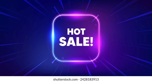 Hot Sale tag. Neon light frame box banner. Special offer price sign. Advertising Discounts symbol. Hot sale neon light frame message. Vector