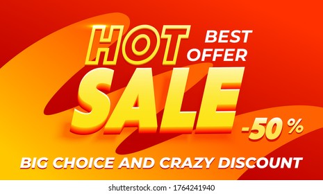 Hot Sale for web app banner. Discount special offer marketing poster. Cool design in bright colors for promotion. 3D advertising on abstract gradient background.  Hot sale promo background template. 