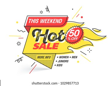 Hot sale, weekend special offer banner template in flat trendy memphis geometric style, retro 80s - 90s paper style poster, placard, web banner designs, vector illustration