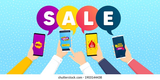 Hot sale, Sale and Wow bubble promo label set. Banner with mobile phones in hands. Offer sticker, Hot offer. Promotional tag set. Cellphone discount offer background. Sale badges. Vector