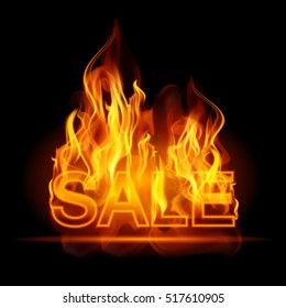 Hot sales billboard banner with glowing text in flames. Poster. Abstract vector illustration. EPS 10