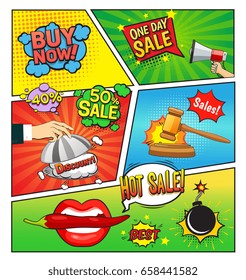 Hot sales comic book page with speech bubbles cloche gavel bomb on divided colorful background vector illustration