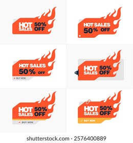 Hot sales off sign with fire and 50% off. The sign is orange and white. The sign is meant to catch the eye of potential customers and entice them to make a purchase	