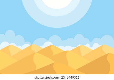 Hot Sand Desert against a colorful background of blue clouds and sun