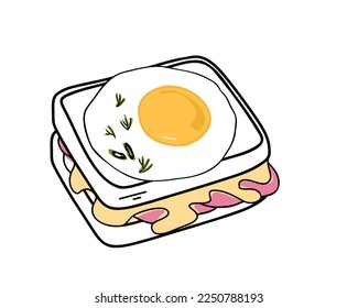 hot sandwich with egg, ham and cheese. Flat vector illustration