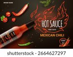 Hot sauce ad. Fire red spicy chili pepper in bottle package realistic advertising commercial background, tomato product with peppers flame flavor spice exact vector illustration