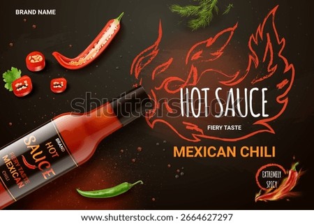 Hot sauce ad. Fire red spicy chili pepper in bottle package realistic advertising commercial background, tomato product with peppers flame flavor spice exact vector illustration