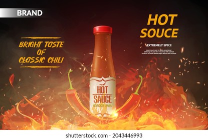Hot sauce ad with red chili pepper and fire elements on black background. Concept of hot sauce template for ad. Website, web page, landing page template. Flat cartoon vector illustration