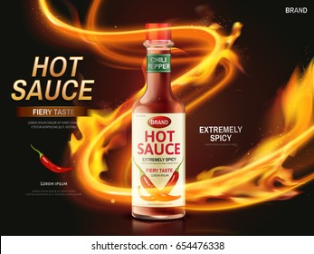 hot sauce ad with red chili pepper and ignited light streak, dark red background, 3d illustration 